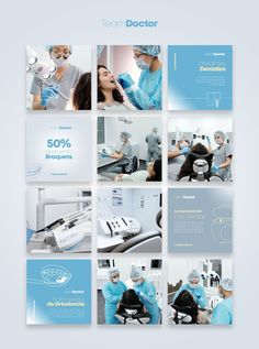 a collage of photos with dental equipment and people in blue scrubs on them