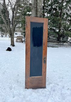 a wooden door sitting in the snow next to a tree