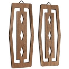 two wooden wall hangings with geometric designs on each side, one is made out of wood