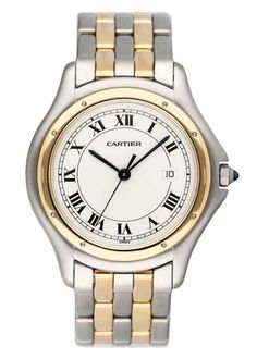 Cartier Panthere Cougar 187904 Two Tone Mens Watch Box Papers TOP BRANDS Rolex Audemars Piguet Omega Patek Philippe Cartier Breitling All Cartier Panthere Cougar 187904 Mens Watch. 33mm Stainless steel case. 18K yellow gold bezel. Off-White dial with blue steel hands and Roman numeral hour markers. Minute markers on the outer dial. The date is displayed at 3 o'clock position. 18K yellow gold & stainless steel bracelet with hidden butterfly clasp. Will fit up to a 6.5-inch wrist. Sapphire crystal. Stainless steel case back. Quartz: Battery powered movement. This watch comes with original Box and Papers. This watch is backed by our two year warranty. Phigora Guarantee Two Years Warranty Free Shipping & Returns Specifications SKU C187904FWRB-1 Model Cougar Gender Ladies Watch Style Luxury Sha Mens Watch Box, Cartier Panthere, Blue Steel, White Band, 3 O Clock, Watch Box, White Dial, Audemars Piguet, O Clock