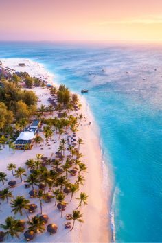 an aerial view of a beach with palm trees and boats in the water at sunset