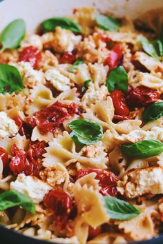 pasta with spinach, tomatoes and chicken in a pan on the stove or oven