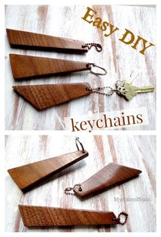 the keychains are made out of wood and have metal hooks attached to them