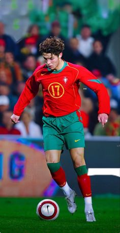 a young man kicking a soccer ball on top of a lush green field in front of a crowd