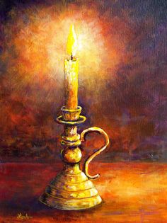 a painting of a candle on a table