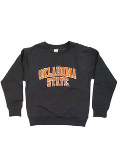 Let your little fan feel like one of the team in this Oklahoma State Cowboys Youth Black Arched Wordmark Crew Sweatshirt! They'll love showing off their pride in this OSU Cowboys Crew Neck Shirt, which features a team graphic applique. Black Tops With Ribbed Cuffs For Game Day, Black Collegiate Long Sleeve Sweatshirt, Black Long Sleeve Sweatshirt For School Spirit, Black Sweatshirt For School Spirit Streetwear, Black Sweatshirt For Streetwear With School Spirit, Black Collegiate Tops For Fall, Winter Crew Neck Top With Letter Patch, Black School Spirit Sweatshirt With Letter Print, Black School Spirit Sweatshirt With Crew Neck