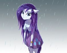 an anime character with purple hair and horns standing in the rain, looking at something