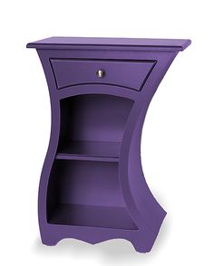 a purple shelf with two shelves on each side and an open drawer in the middle