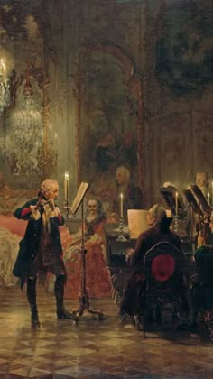 a painting of a man playing music in a room with other people sitting and standing around