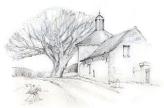 a drawing of a house with a tree in front of it