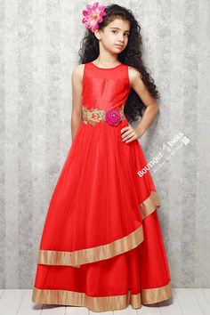 Girl's - Orange With Golden Casual Gown/Dress - Gilr's Casual And Party Collection Gowns Sleeveless Christmas Fancy Dress, Fitted Sleeveless Christmas Ball Gown, Red Princess Style Fitted Ball Gown, Elegant Sleeveless Princess Dress For Festive Occasions, Red Gown For Christmas Formal Occasion, Red Princess Ball Gown For Prom, Princess Style Red Ball Gown For Prom Season, Sleeveless Princess Dress For Wedding, Sleeveless Princess Dress For Wedding And Festive Occasions