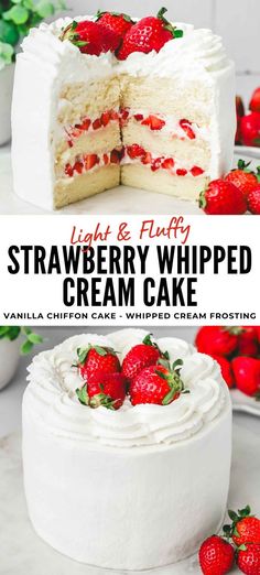 strawberry whipped cream cake with fresh strawberries on top and the bottom layer cut in half