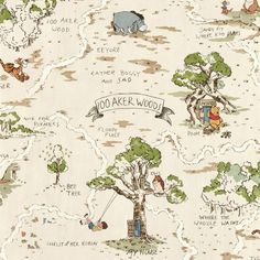 an illustrated map with animals and people in the woods, including rhinos, trees, and other things