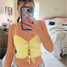 Pacsun Yellow Tie Front Top, Size Small, Never Worn, Great Condition Strappy Summer Crop Top For Beach, Strappy Crop Top For Summer Day Out, Strappy Crop Top For Beach In Summer, Summer Spaghetti Strap Tops For Poolside, Yellow Tops For Poolside Spring Season, Summer Vacation Crop Top With Spaghetti Straps, Trendy Summer Crop Top For Poolside, Summer Crop Top With Spaghetti Straps For Vacation, Summer Crop Top With Spaghetti Straps For Beach