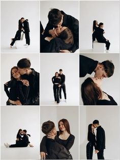 a man and woman are posing for pictures together in different poses, with one kissing the other's cheek