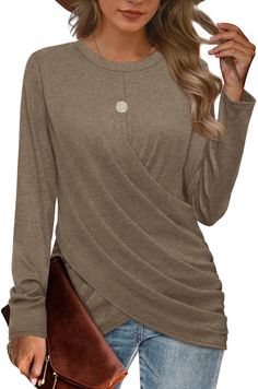 PRICES MAY VARY. ♥Material:60% polyester 35% sayon 5% spandex. Super soft, lightweight and skin-friendly ♥Features:Crew neck design is casual and comfy to wear! Long sleeve tops are warm for fall and winter! Twist front style is classic as daily wear or work wear. Good tops to hide belly for women! The lenghth of these womens tops is perfect, it is long enough to cover your hips as tunic tops for leggings for women ♥All Match: Easy to wear with leggings or jeans, jeggings, stretch pants, boots, Deep Autumn Style, Tops For Winter, Sweater Rajut, Ruffle Long Sleeve Blouse, T Shirt Pattern, Love Simple, Tall Fashion, Sweater Tops, Travel Clothes