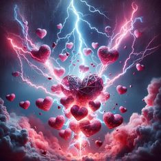 the heart is surrounded by many pink hearts and lightnings in the sky above them