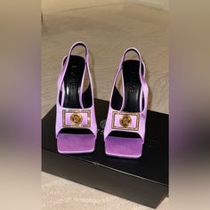 Versace Sandals Brand New Never Worn Before They Are Too Small For Me Was Not Able To Return Them Luxury Purple Sandals With Open Heel, Luxury Purple Open Toe Sandals, Designer Purple Open Toe Sandals, Designer Purple Open Heel Sandals, Designer Purple Sandals For Summer, Versace Sandals, Versace Shoes, Sandals Brands, Color Purple