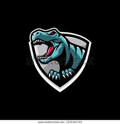 a t - rex logo on a black background