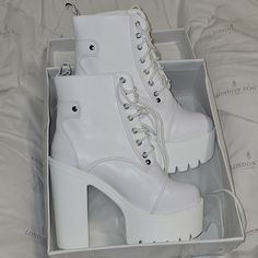 Brand New Platform Boots Size 7.5 Spring Platform Lace-up Boots With Block Heel, High-top Synthetic Heeled Boots With Reinforced Heel, Casual High Ankle Platform Heels, Spring High Heel Lace-up Boots With Chunky Platform, White Lace-up Chunky Platform Heels, White Chunky Platform High Heel Boots, Chunky Platform Boots With Round Toe For Summer, High-top Chunky Platform Heels In Synthetic, Spring High-top Heeled Boots With Reinforced Heel