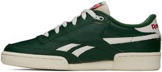 Low-top grained leather sneakers in green. · Perforated detailing at toe · Lace-up closure · Logo patch at padded tongue · Padded collar · Inset logo patch at outer side · Signature stripes at sides · Logo embroidered at heel tab · Terrycloth lining · Treaded rubber sole Supplier color: Dark green/Chalk/Neon cherry Green Leather Sneakers For Sports, Green Leather Lace-up Skate Shoes, Leather Sports Sneakers With Logo Patch, Leather Sneakers With Logo Patch For Sports, Green Sneakers With Embroidered Logo And Round Toe, Green Leather Sneakers With Gum Sole, Green Low-top Sneakers With Embroidered Logo, Classic Green Skate Shoes For Streetwear, Green Round Toe Sneakers With Embroidered Logo