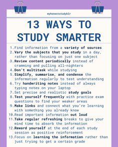 a purple poster with the words 13 ways to study smarter on it, and an image of