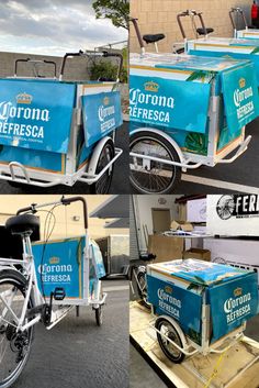 three different views of an ice - cream cart with wheels and the same side by side