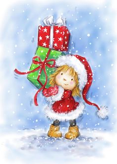 Santa's Hat Mixed Media - Shopping Christmas Girl 2 by Makiko Christmas Paintings, Christmas Illustration, Christmas Clipart, Christmas Images, Christmas Pictures, Christmas Girl, Paint By Number, Painting Projects, Christmas Art