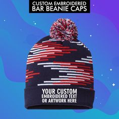 "Custom Embroidered Bar Beanies with Pom Pom (Winter Caps) is being sold in this listing.  Front Embroidery only. These are RKB12 Bar Beanies. Our High Quality Embroidery would make your art or text or business logo stand out in public and is great for marketing purpose as well. Custom Embroidered Knit Caps is used for events, street wear, marketing purposes, sports events etc. Embroidery looks exquisite on these hats. These are MADE IN THE USA winter Hats.  Price includes your artwork and it's digitizing for embroidery along with the embroidery cost on the hat. Hat Colors are available in the photo chart. We'll share a mock of the hat with you first with your customized art/text and after approval, we'll go ahead and start the production for your order. PRODUCT DETAILS > 97/3 acrylic/lycr Beanie Embroidery, Make Your Own Hat, Written Logo, Embroidery Winter, Knit Caps, Winter Caps, Personalised Gifts Handmade, Custom Embroidered Patches, Art Text