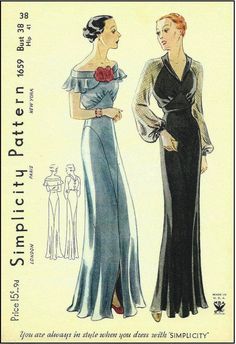 1939 Vintage Sewing Pattern B38 EVENING DRESS (R959) #Simplicity1659 1930s Dress Pattern, Vintage Fashion 1930s, 30s Fashion, Vintage Dress Patterns, 1930s Fashion, Vestidos Vintage, Simplicity Patterns, Retro Pattern, Historical Clothing