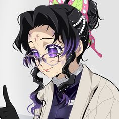 an anime character with glasses and a butterfly on her head is giving the thumbs up sign