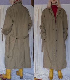 "Stylish vintage Bogner coat with quilted lining in khaki color with matching belt.  There are four front pockets (2 - with zip lclosure) and one inner pocket. Great condition. Material: no marked, cotton/polyester blend Color: khaki Size: best fit - size Large, please see the measurements Measurements: Width (armpit to armpit): 25.5\" = 65 cm Total length (collar seam to bottom in back): 47.5\" = 120 cm Sleeve (shoulder seam to wrist): 26\" = 66 cm Shoulder (neck to shoulder seam): 7\" = 18 cm Khaki Belted Utility Outerwear, Olive Green Coat, Khaki Coat, Green Coat, Khaki Color, Color Khaki, Long Coat, Shoulder Sleeve, Fashion Inspo Outfits