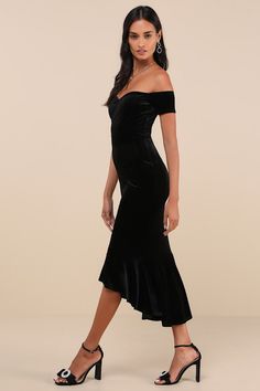 Slip into the Lulus How Much I Care Black Velvet Off-the-Shoulder Midi Dress and dance the night away! Soft and stretchy velvet shapes this stunning dress that features a sweetheart neckline (with hidden no-slip strips) and a darted bodice, framed by short off-the-shoulder sleeves. High, fitted waist tops a figure-flattering midi skirt with a trumpet silhouette and a ruffled, high-low hem. Fit: This garment fits true to size. Length: Mid-calf length. Size medium measures 47.5" from top to bottom Trumpet Silhouette, High Low Midi Dress, Adhesive Bra, Strapless Bra, I Care, High Low Hem, Stunning Dresses, Shoulder Sleeve, Sweetheart Neckline