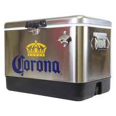 an aluminum cooler with the word corona on it's side and a crown on top