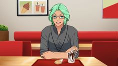 a woman with green hair sitting at a table in front of a soda and donut