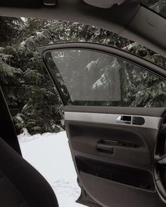 the inside door of a car with snow on the ground and trees in the background