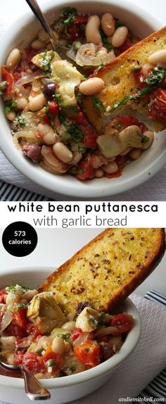 white bean and spinach soup with garlic bread is shown in two separate bowls, one on the left and the other on the right