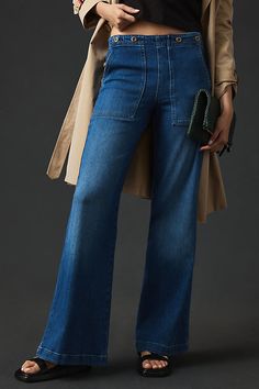 Equal parts clean and casual, the Kit delights with a pocketless design, a roomy wide leg, and a cinch detail for that just-so fit. | The Kit High-Rise Wide-Leg Utility Trouser Jeans by Pilcro in Blue, Women's, Size: 28, Cotton/Elastane/Lyocell at Anthropologie The Kit, Denim Trends, Spring Fashion Trends, Jeans Outfit, Wide Legs, Boho Blouses, Christmas 2024, Street Chic, Premium Denim