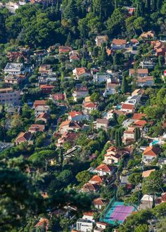 an aerial view of a city with lots of trees and houses on the hill side