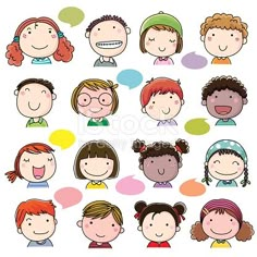 children's faces with speech bubbles in the shape of people, including one girl and two