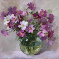 a painting of purple and white flowers in a green vase