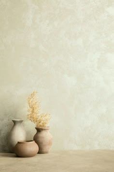 two vases sitting on top of a table next to each other in front of a wall