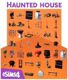 an orange poster with many different objects on it's sides and the words, halloween house