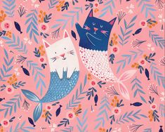 two cats that are sitting next to each other on a pink background with flowers and leaves