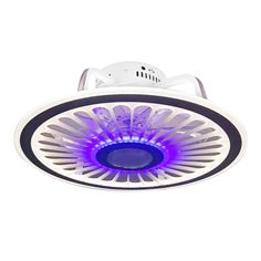 a white and blue light that is on top of a ceiling fan with purple lights