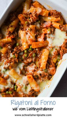 a casserole dish with meat and vegetables in it on a white plate, next to the words rigatoni al forno