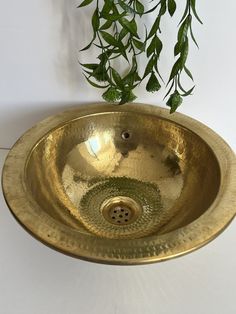 a golden bowl sink sitting on top of a counter next to a potted plant