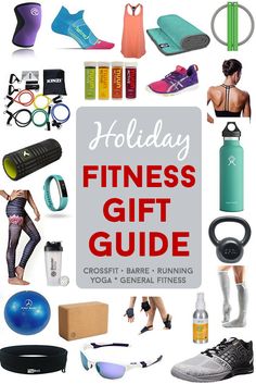 the holiday fitness gift guide is shown with various items and yoga accessories in front of it