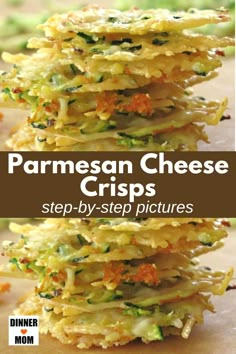 four stacks of parmesan cheese crispes stacked on top of each other with text overlay