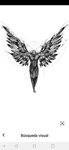 a black and white drawing of a man with wings